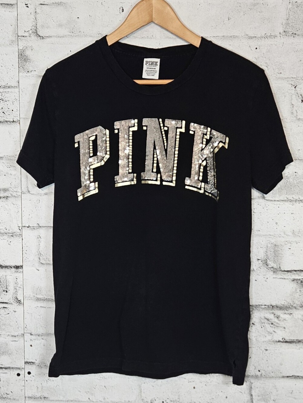 PINK Victoria's Secret Sequin Logo Tee Black Cotton Graphic Shirt